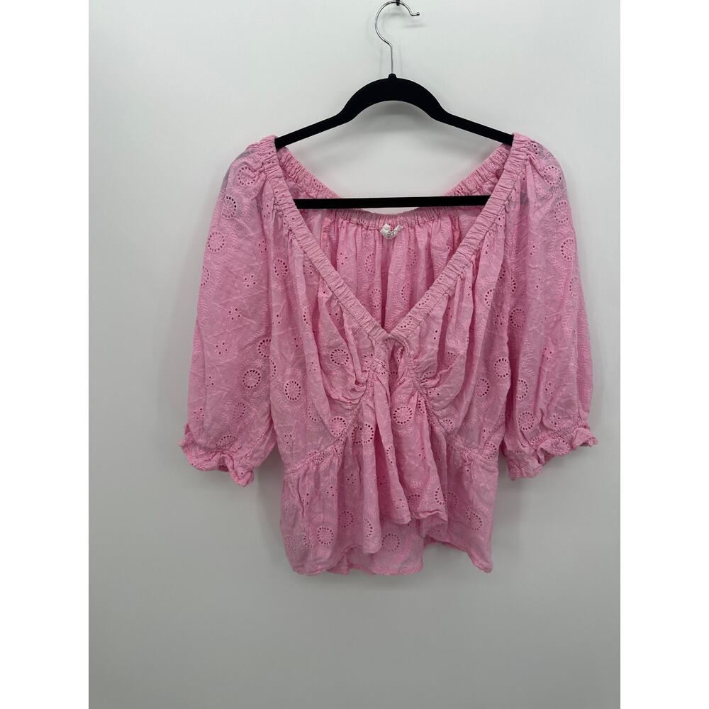Meritt Womens Pink Babydoll Eyelet Top Size 3X Boho Cropped Cottagecore Ruffle‎